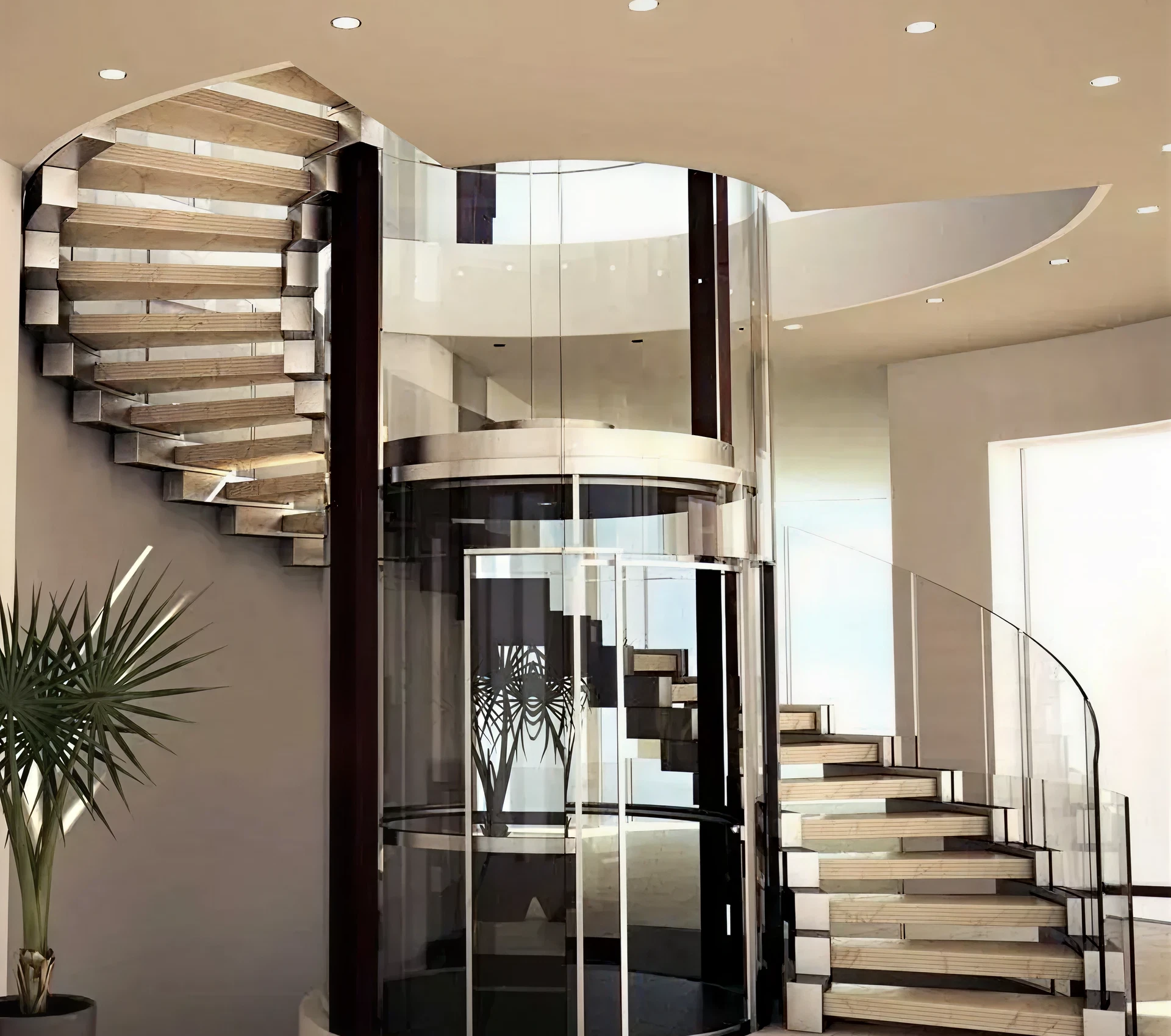 Contemporary spiral staircase and lift